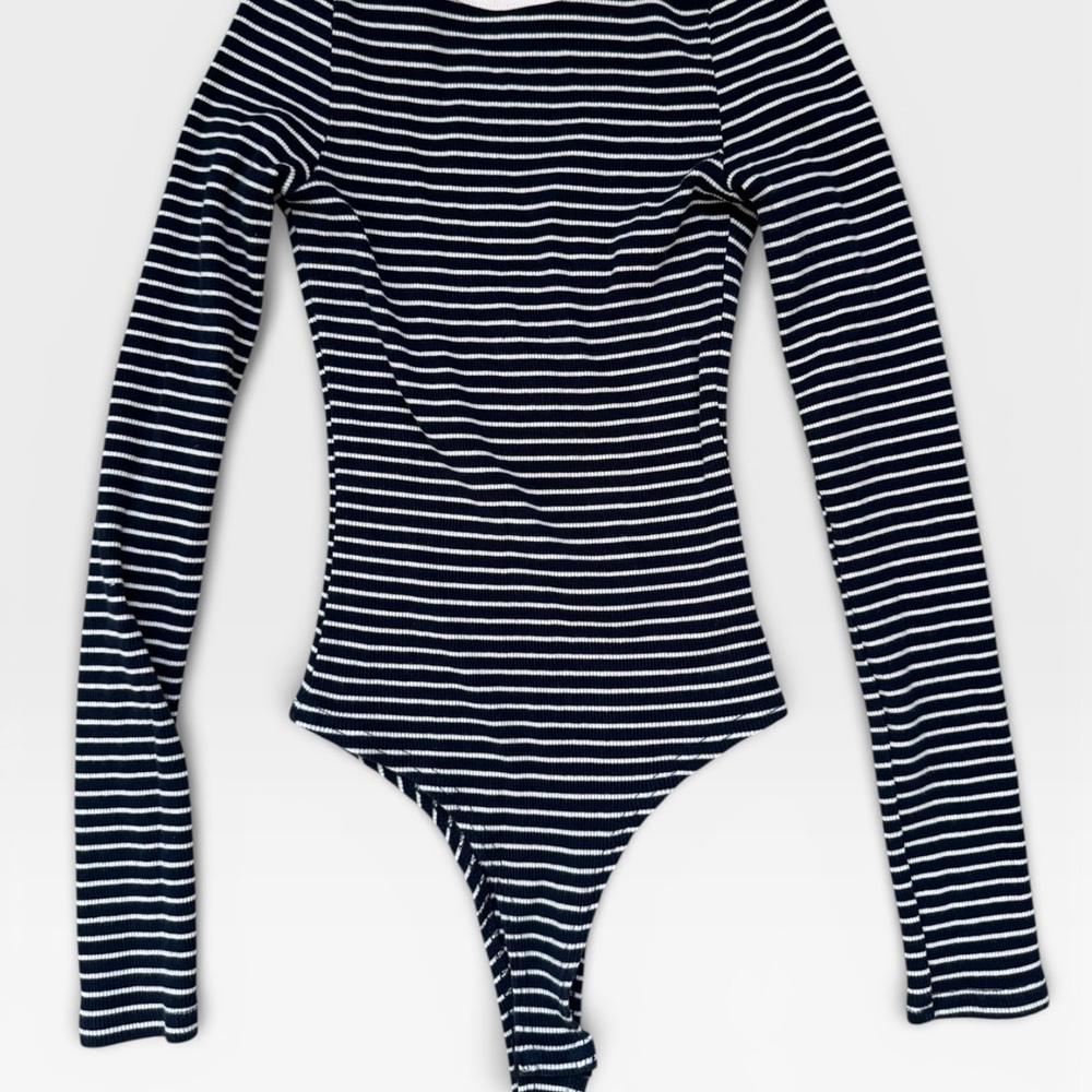Women’s Navy and White Striped Long-Sleeve One-Piece